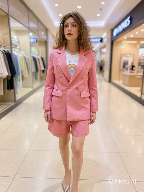 Double-Breasted Blazer & High Waist Shorts Coord Set Dusty Rose