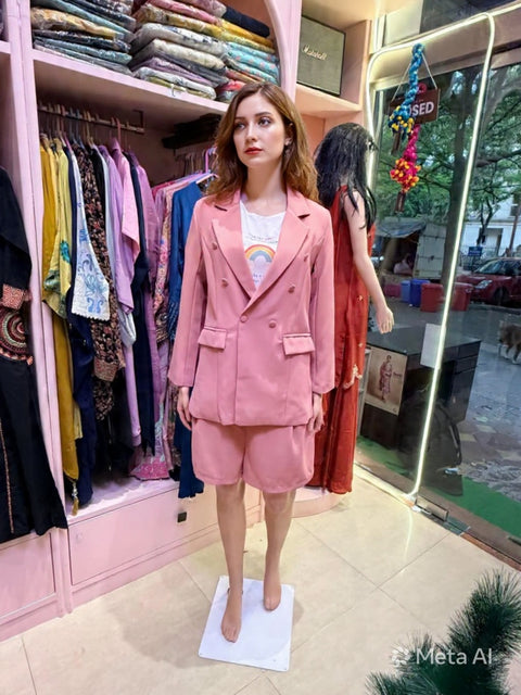 Double-Breasted Blazer & High Waist Shorts Coord Set Dusty Rose
