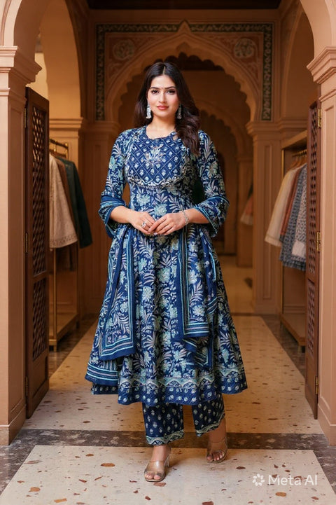 Navy Blue Anarkali Kurti with Floral Print, Straight Pants & Dupatta | Festive Ethnic Set