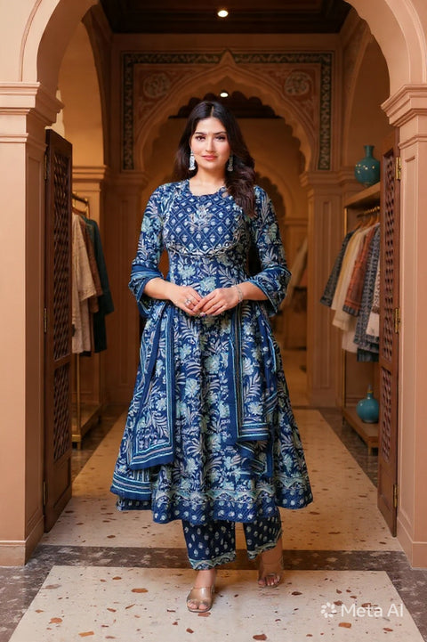 Navy Blue Anarkali Kurti with Floral Print, Straight Pants & Dupatta | Festive Ethnic Set