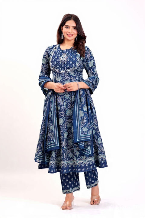 Navy Blue Anarkali Kurti with Floral Print, Straight Pants & Dupatta | Festive Ethnic Set