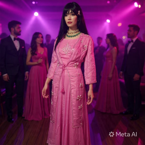 Blush Pink Embroidered Long Jacket Gown Set | Sequin Ethnic Fusion | Wedding Wear