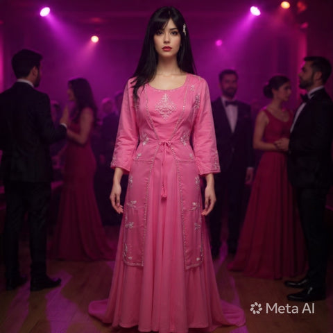 Blush Pink Embroidered Long Jacket Gown Set | Sequin Ethnic Fusion | Wedding Wear