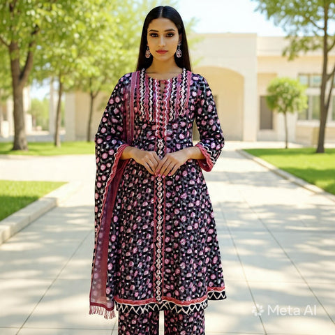 Black & Red Floral Designer Salwar Suit with Dupatta | Bold Festive Ethnic Wear