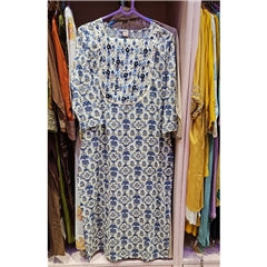 Blue & White Floral Printed Salwar Suit with Embellished Neckline & Dupatta | Festive Ethnic Wear