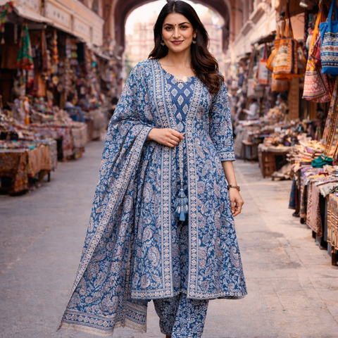 Blue Paisley Print Salwar Suit with Tassel Tie & Dupatta | Festive Ethnic Wear for Women