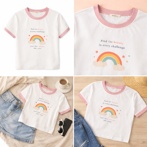Cartoon Print Cotton T-Shirt — Fun Graphic Tees with Contrast Sleeves