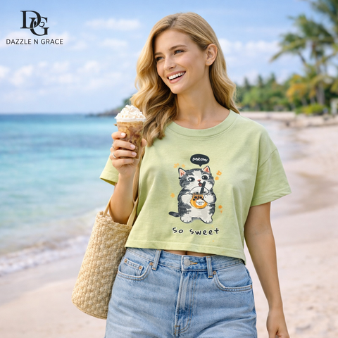 Cartoon Print Sleeveless Crop Top — Pure Cotton Casual Graphic Tee