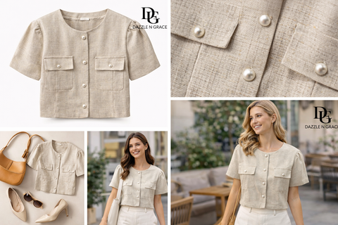 Grey Textured Half Coat Top — Pearl Button Puff Sleeve Statement Piece