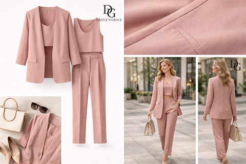 Blush Pink Co-Ord Set Open Blazer & Elastic Waist Trousers
