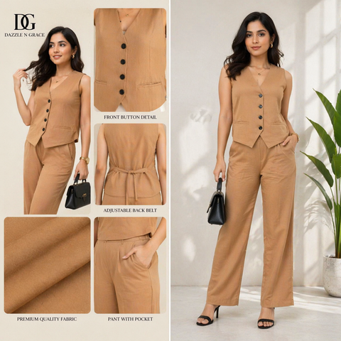 Sleeveless Blazer & Wide Leg Pant Coord Set Caramel Brown