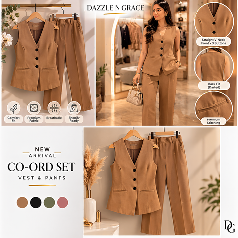 Sleeveless Blazer & Wide Leg Pant Coord Set Caramel Brown