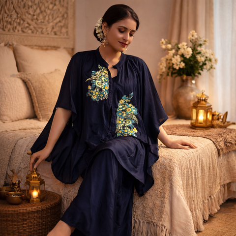 Puja Navy Blue Embroidered Kaftan Coord Set | Yellow Blue Floral Kimono Sleeve | Resort Casual