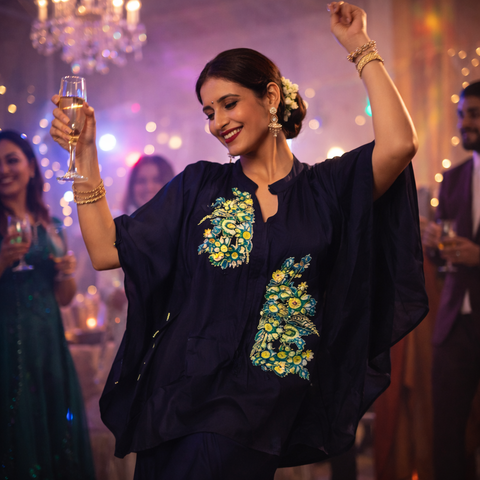 Puja Navy Blue Embroidered Kaftan Coord Set | Yellow Blue Floral Kimono Sleeve | Resort Casual