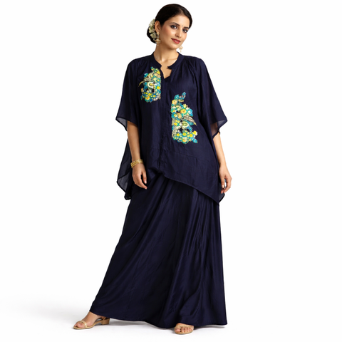 Puja Navy Blue Embroidered Kaftan Coord Set | Yellow Blue Floral Kimono Sleeve | Resort Casual