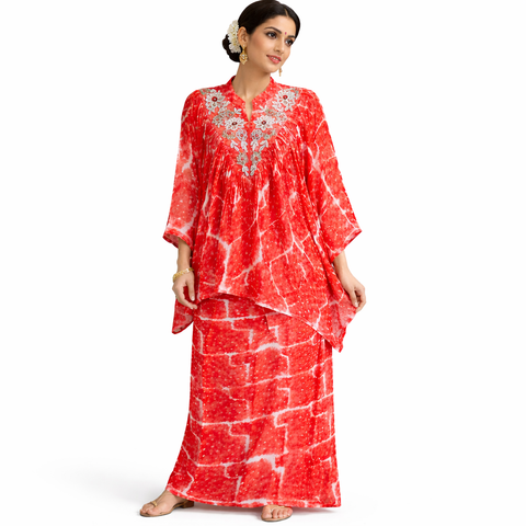 Puja Red & White Tie-Dye Kaftan Coord Set | Embroidered Yoke Batwing Sleeve | Resort Boho
