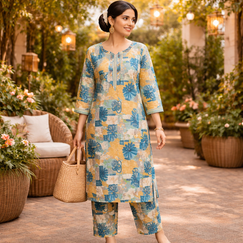 Teal Mustard Geo Floral Straight Kurta and Pant | Mosaic Print Round Neck Stripe Placket Cuffs Rayon Viscose | Work Brunch Casual