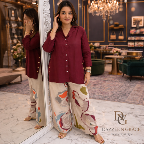 Swarit Shirt Style Coord Set with Artistic Pants | Maroon Collared Button-Down Gold Buttons Abstract Floral Wide Pants | Brunch Fusion
