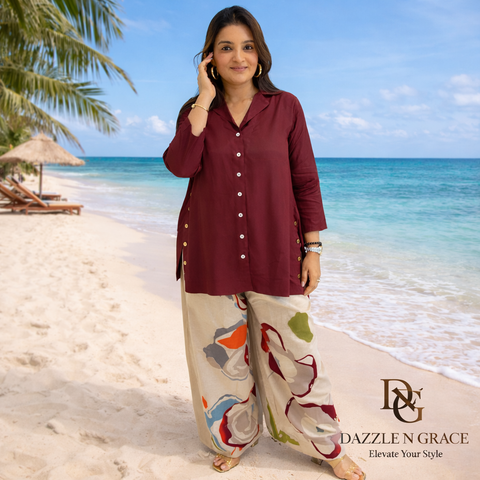 Swarit Shirt Style Coord Set with Artistic Pants | Maroon Collared Button-Down Gold Buttons Abstract Floral Wide Pants | Brunch Fusion