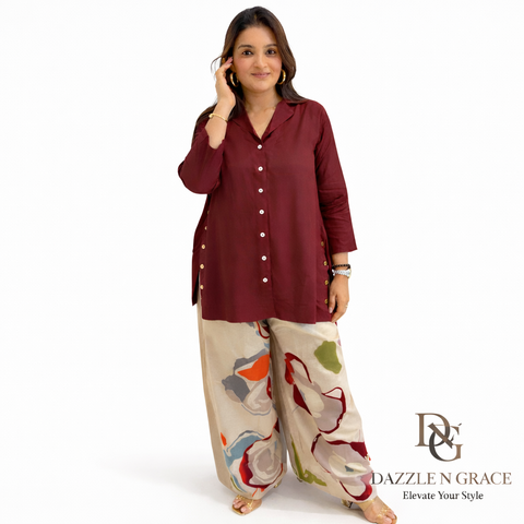 Swarit Shirt Style Coord Set with Artistic Pants | Maroon Collared Button-Down Gold Buttons Abstract Floral Wide Pants | Brunch Fusion