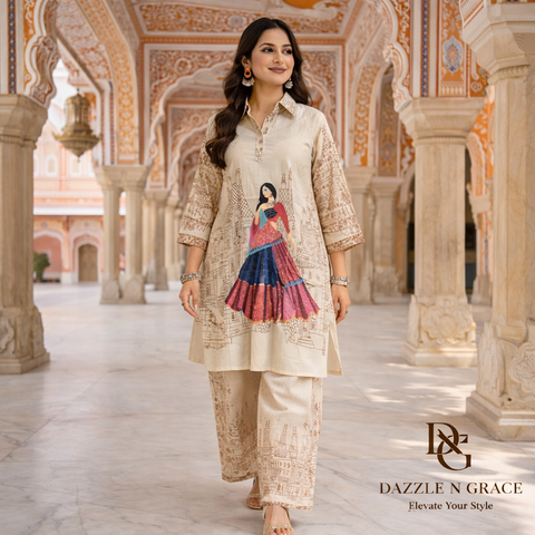 Rajasthani Heritage Print Coord Set | Illustrated Palace Architectural Collared Kurta Matching Pants | Cultural Festive Casual