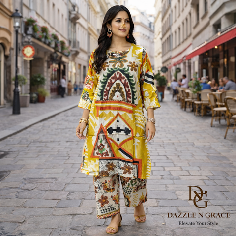 Mustard Yellow Abstract Print Kurti Coord Set | Geometric Floral Bold Motif Round Neck 3/4 Sleeve | Casual Festive Vacation