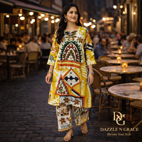 Mustard Yellow Abstract Print Kurti Coord Set | Geometric Floral Bold Motif Round Neck 3/4 Sleeve | Casual Festive Vacation