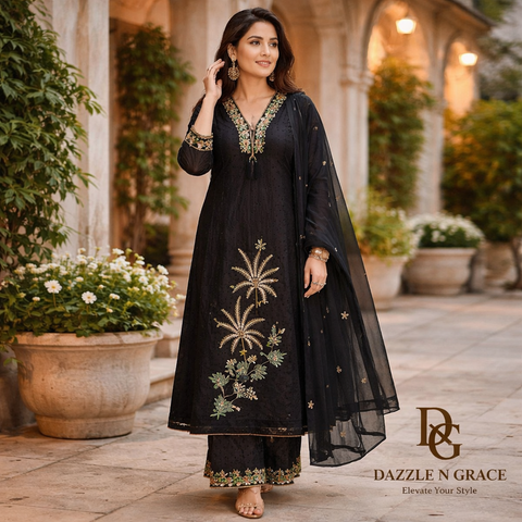 Midnight Black Embroidered Salwar Suit Set with Dupatta | Bold Festive Ethnic Wear for Women