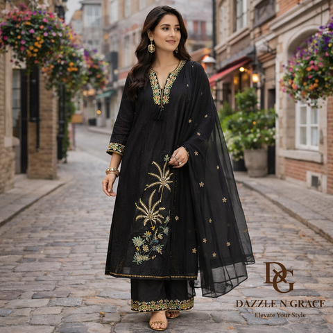 Midnight Black Embroidered Salwar Suit Set with Dupatta | Bold Festive Ethnic Wear for Women