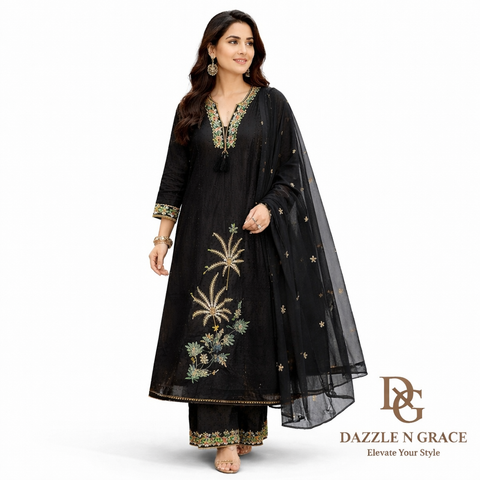 Midnight Black Embroidered Salwar Suit Set with Dupatta | Bold Festive Ethnic Wear for Women