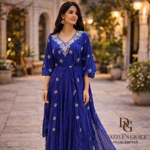 Royal Blue Embroidered Ethnic Gown | Silver V-Neck Flared Gown | Festive Ethnic Wear