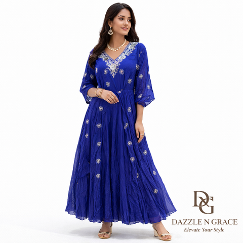 Royal Blue Embroidered Ethnic Gown | Silver V-Neck Flared Gown | Festive Ethnic Wear