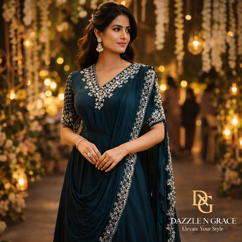 Teal Blue Draped Ethnic Dress | Silver Embroidery Festive Ethnic Wear | Elegant Gown