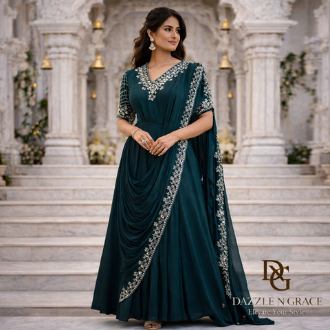 Teal Blue Draped Ethnic Dress | Silver Embroidery Festive Ethnic Wear | Elegant Gown