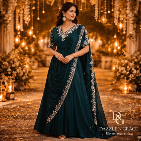 Teal Blue Draped Ethnic Dress | Silver Embroidery Festive Ethnic Wear | Elegant Gown