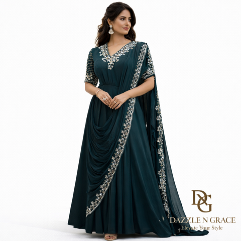Teal Blue Draped Ethnic Dress | Silver Embroidery Festive Ethnic Wear | Elegant Gown