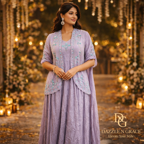 Lilac Whisper Embroidered Jacket Dress | Ethnic Fusion Festive Wear | Elegant Gown