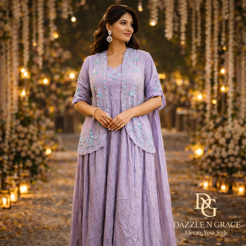 Lilac Whisper Embroidered Jacket Dress | Ethnic Fusion Festive Wear | Elegant Gown