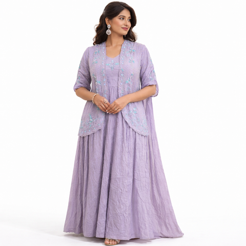 Lilac Whisper Embroidered Jacket Dress | Ethnic Fusion Festive Wear | Elegant Gown