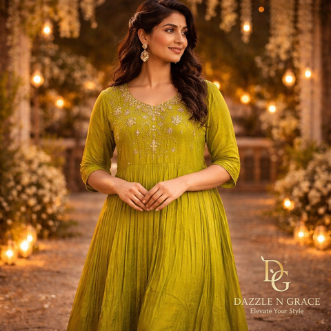 Olive Gold Embroidered Anarkali Gown with Dupatta | Shimmer Festive Ethnic Wear