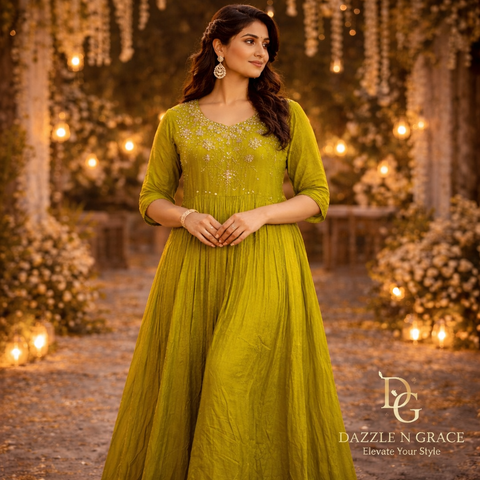 Olive Gold Embroidered Anarkali Gown with Dupatta | Shimmer Festive Ethnic Wear