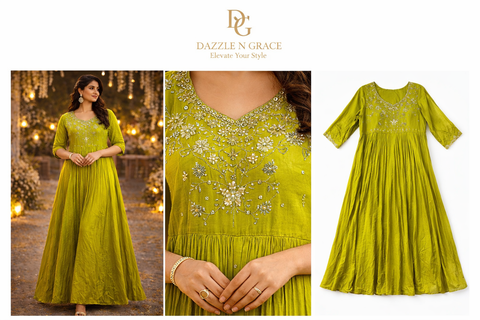 Olive Gold Embroidered Anarkali Gown with Dupatta | Shimmer Festive Ethnic Wear