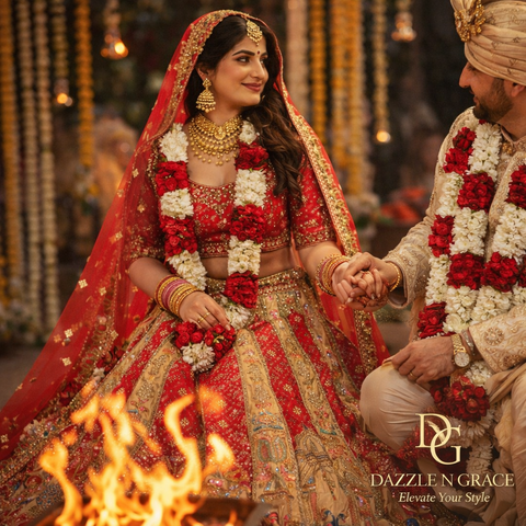 Bridal Lehenga Set | Gold Pink Zardozi Temple Motif | 3-Piece Wedding Bridal Wear