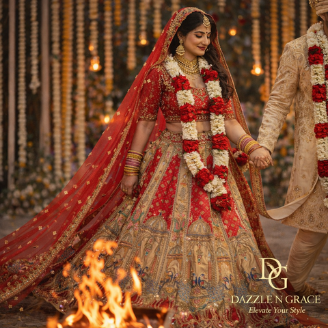 Bridal Lehenga Set | Gold Pink Zardozi Temple Motif | 3-Piece Wedding Bridal Wear