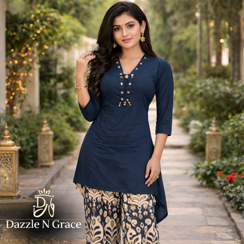 Navy Blue Embellished Kurta with Printed Palazzo | V-Neck Ethnic Fusion Coord Set