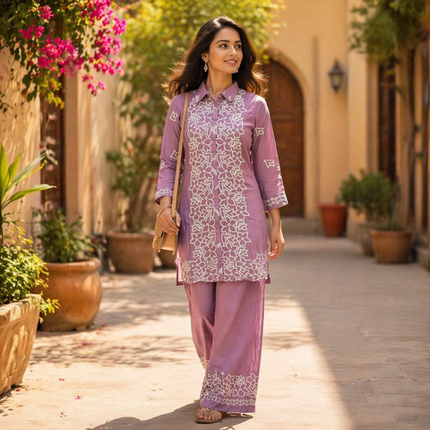 Puja Lavender Chikankari Embroidered Kurti with Pants Set | White Floral Wide-Leg | Festive