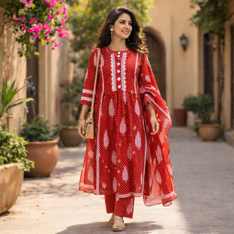 Scarlet Red Leaf & Polka Dot Lace Trim Kurta-Dress with Gathered Waist | Casual Festive Ethnic Wear