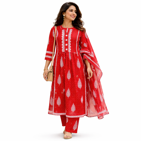 Scarlet Red Leaf & Polka Dot Lace Trim Kurta-Dress with Gathered Waist | Casual Festive Ethnic Wear