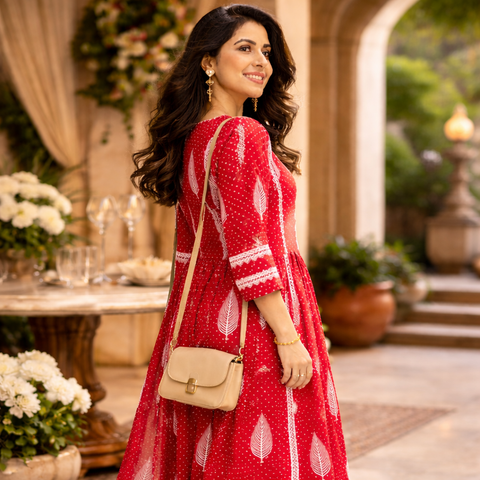 Scarlet Red Leaf & Polka Dot Lace Trim Kurta-Dress with Gathered Waist | Casual Festive Ethnic Wear