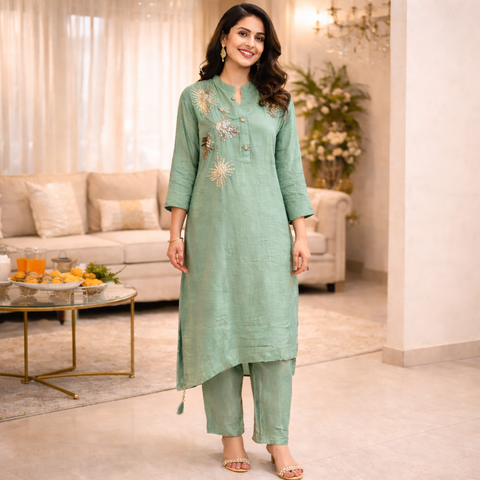 Puja Shimmer Floral Embroidered Kurta Set | Satin Silver Hand Embroidery | Mehandi Green & Mustard